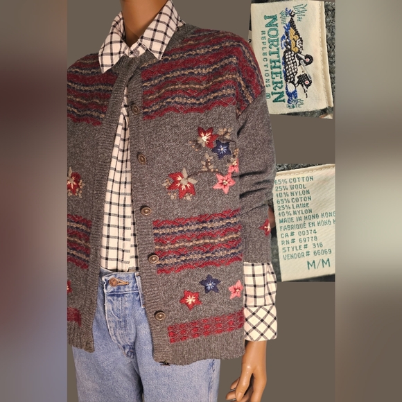 Vintage Northern Reflection Wool/Cotton Cardigan with floral embroider size M - Picture 3 of 3